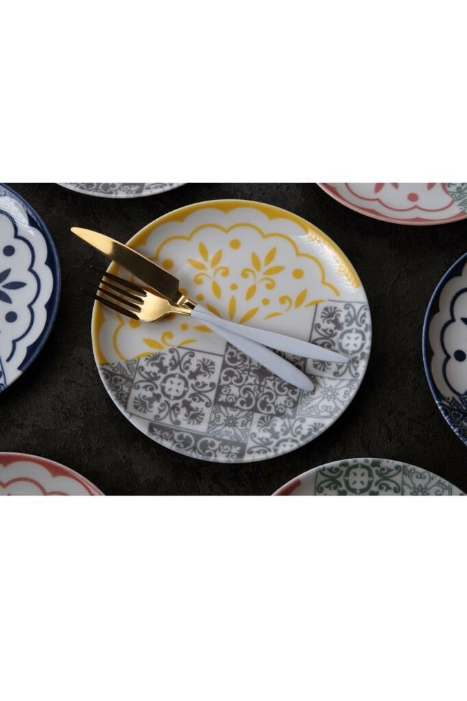 Zariass Frezya Porselen 6 lı Pasta Tabağı Sarı Hibrit desen