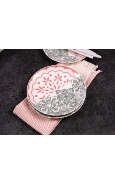 Zariass Frezya Porselen 6 lı Pasta Tabağı Pembe Hibrit Desen