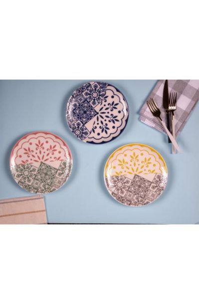 Zariass Frezya Porselen 6 lı Pasta Tabağı Pembe Hibrit Desen