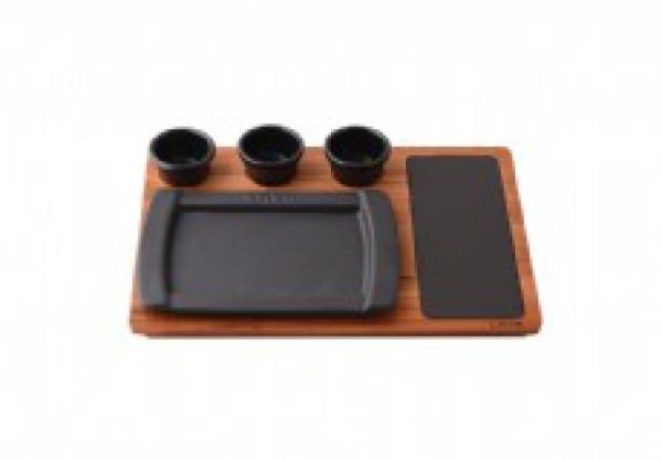 Lava Ahşap Altlıklı Dikdörtgen Servis Tabağı ve Porselen Plaka 17x25 cm