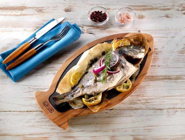Lava Porselen Plakalı Balık Servis Tahtası 23x35 cm, İroko Ağacı