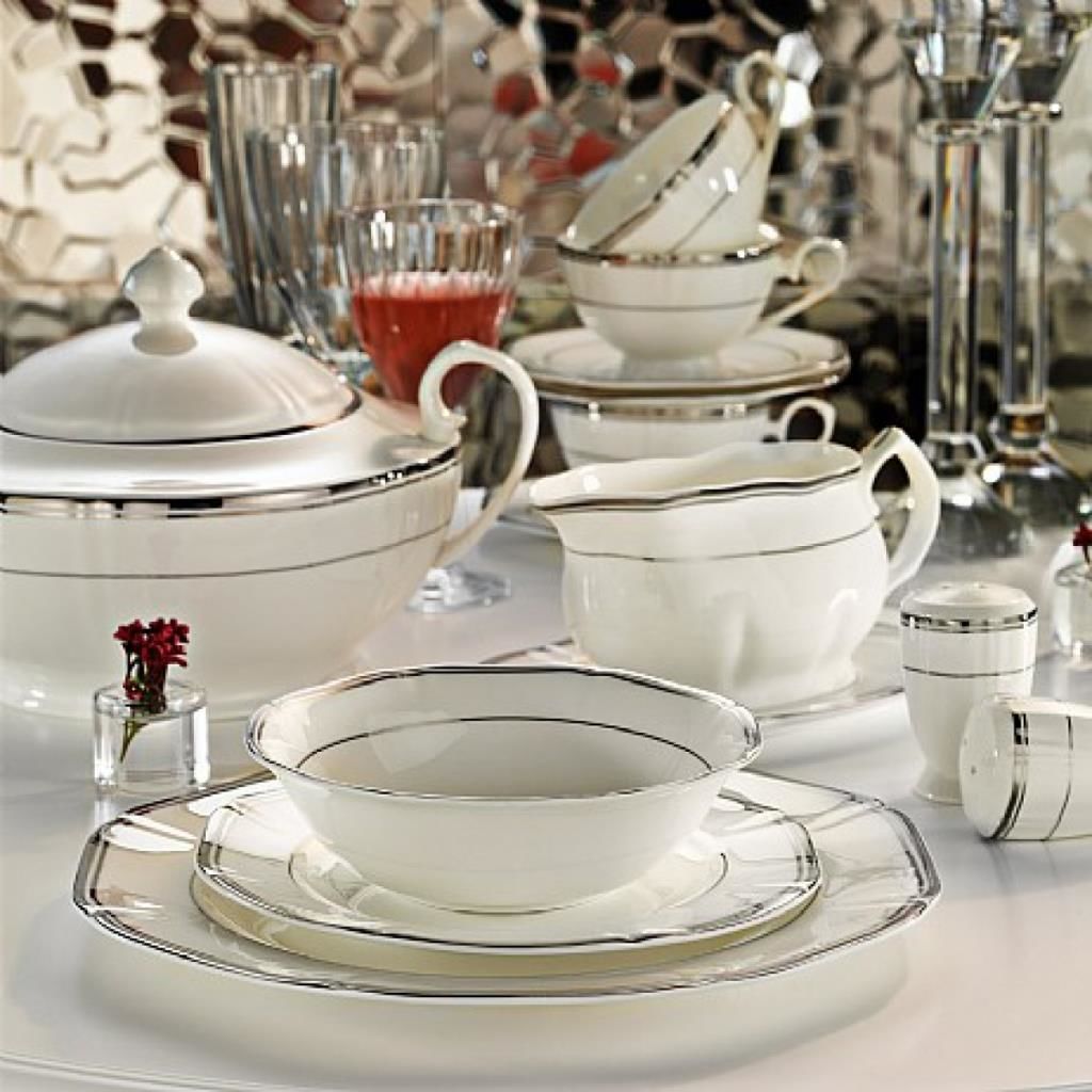Kütahya Porselen Bone 86 Parça Yemek Takımı Special Platin Köşeli