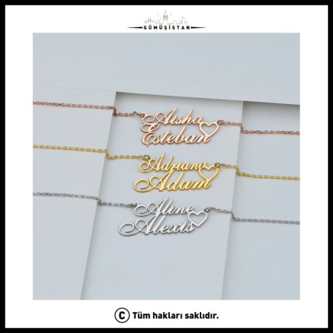 925 Ayar Gümüş Kişiye Özel İki İsim Kalpli Kolye