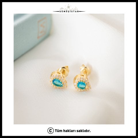 925 Ayar Gümüş Aralık Ayı Doğum Taşı ( Blue Topaz ) Damla Küpe