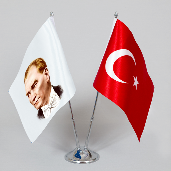 Atatürk Masa Bayrağı-3 İkili 15x22,5 cm.(Direkli)