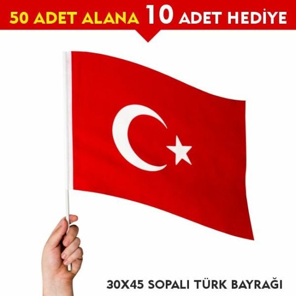 Sopalı Türk Bayrağı 30x45 cm Alpaka Kumaş (50+10 adet)