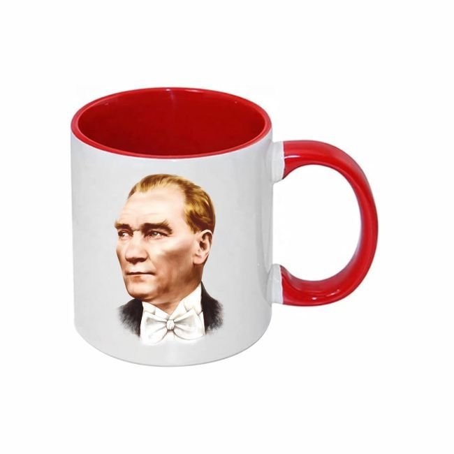 Atatürk Resimli Kırmızı Kulplu Kupa Bardak