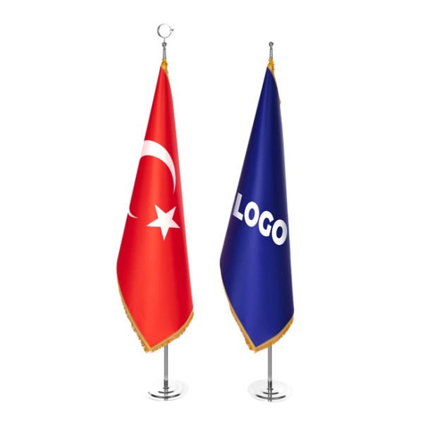 Türk Makam Bayrağı ve Logolu Makam Bayrağı + Krom Direk (Simli)