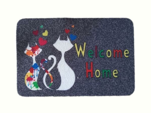 Giz Home Boyalı/Megan Kapı Paspası 40X60 Gri İki Kedi