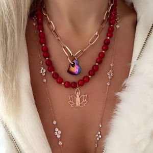 Kırmızı Mercan Taşlı Lotus Kolye -50 cm-
