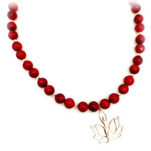 Kırmızı Mercan Taşlı Lotus Kolye -50 cm-