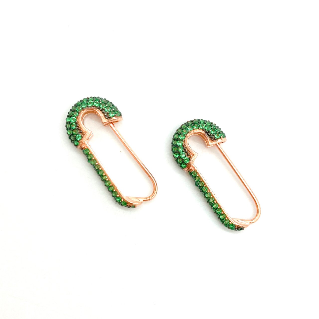 Safety Pin Green Stone Earrings -Çift-