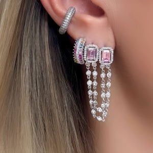 Gümüş Pembe Baget Taş ikili Küpe -adet-