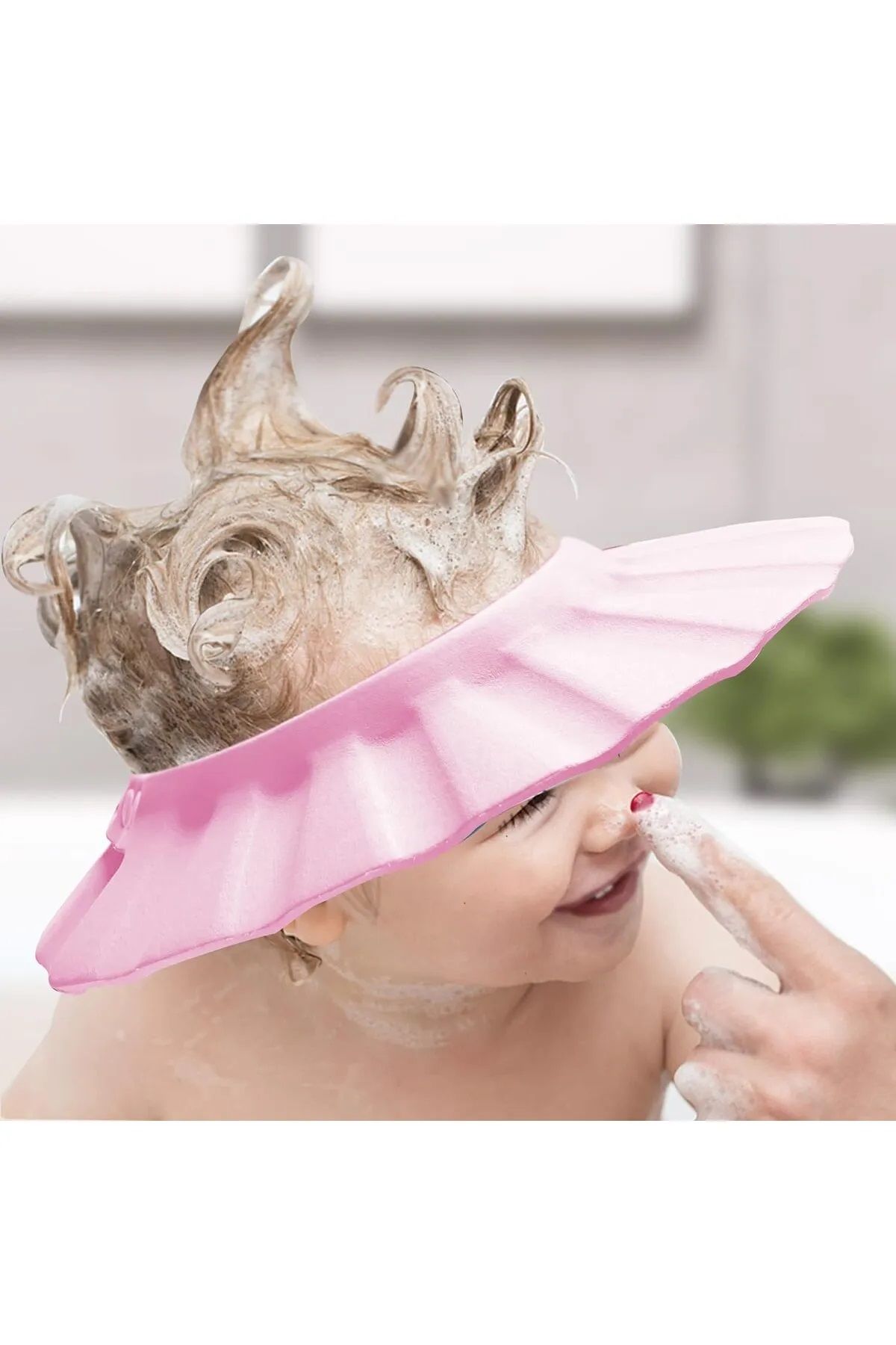 Bebek Duş Başlığı, Bebek Güneş Şapkası Göz, Ağız ve Kulaklara Su Kaçmasını Önleyeci Pembe Şapka