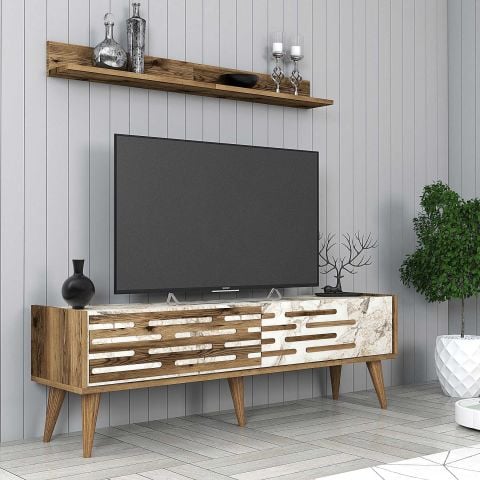 Variant Valensiya 140Cm Tv Ünitesi Ve Orta Sehpa Takımı - Ceviz / Beyaz Mermer