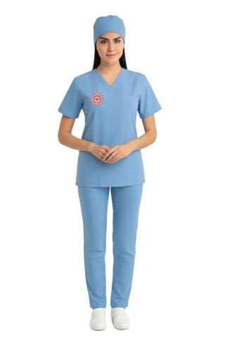 LABOR | Kadın Hekim Kurumsal Scrubs - SAĞLIK BAKANLIĞI Yönetmeliğine Uyumlu Alaskan Mavi - Elastik Kumaş