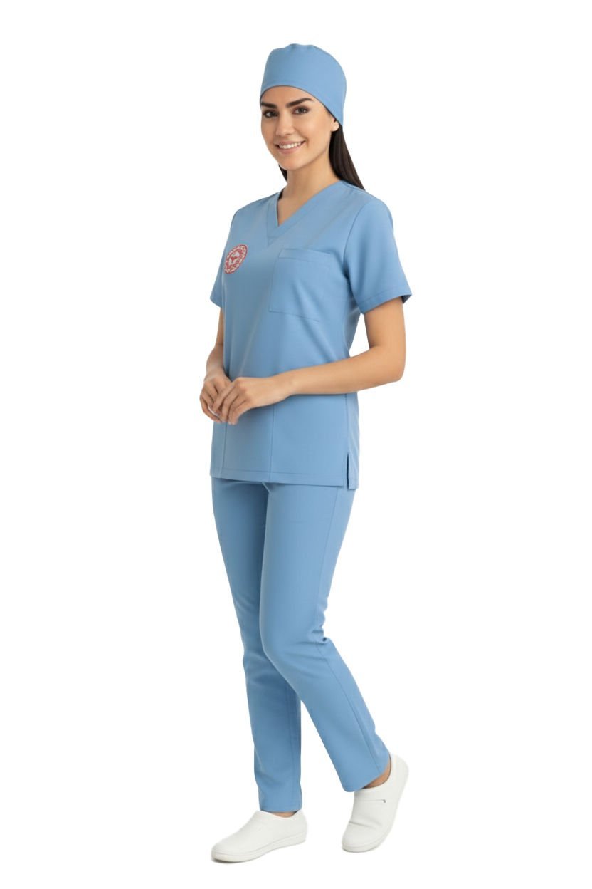 LABOR | Kadın Hekim Kurumsal Scrubs - SAĞLIK BAKANLIĞI Yönetmeliğine Uyumlu Alaskan Mavi - Elastik Kumaş