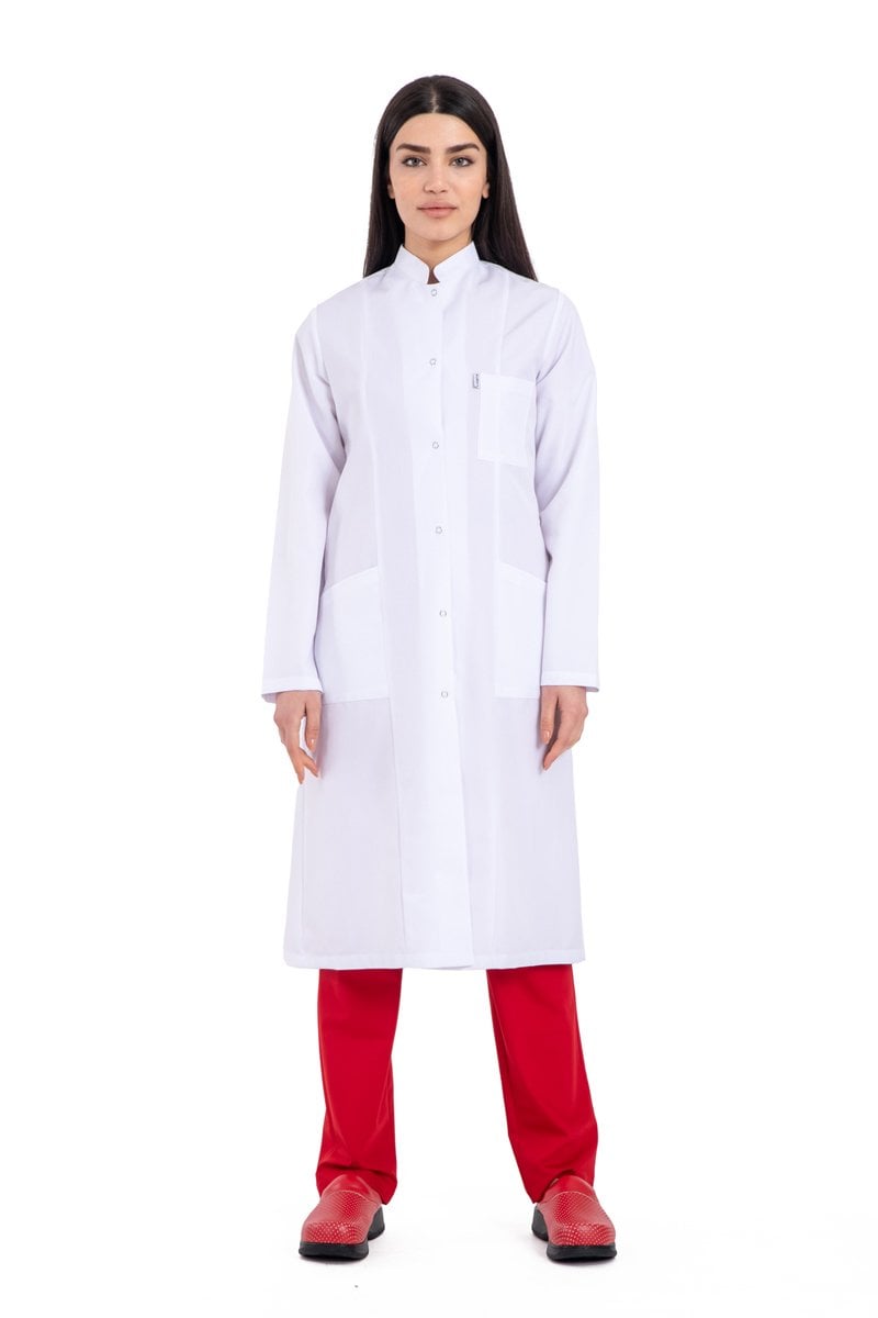 Tesettür Boy Bayan Beyaz Önlük Hakim Yaka 110 cm Bp-09 50-4XL Özel Sipariş