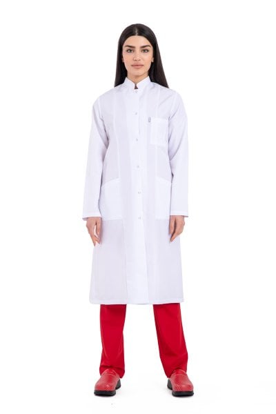 Tesettür Boy Bayan Beyaz Önlük Hakim Yaka 110 cm Bp-09 50-4XL Özel Sipariş
