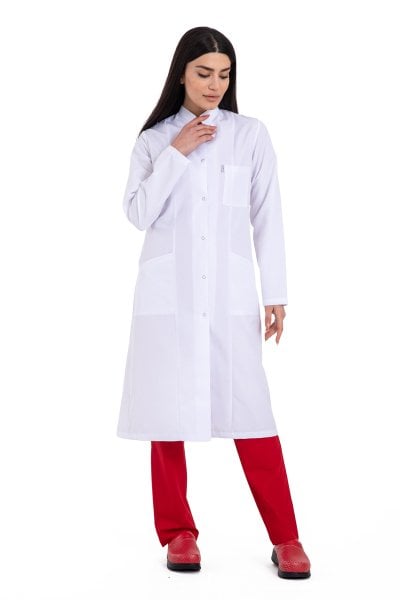 Tesettür Boy Bayan Beyaz Önlük Hakim Yaka 110 cm Bp-09 50-4XL Özel Sipariş
