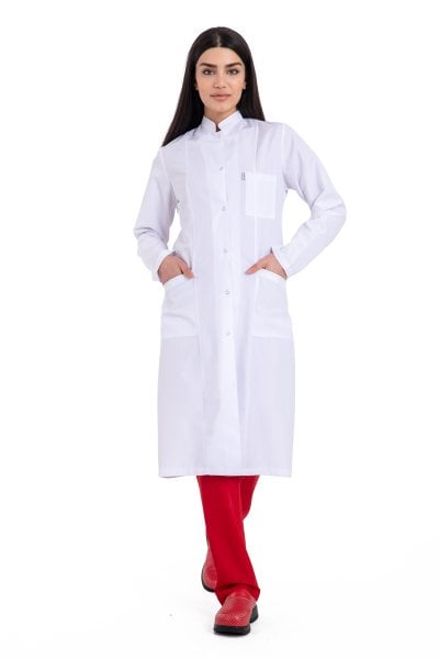 Tesettür Boy Bayan Beyaz Önlük Hakim Yaka 110 cm Bp-09 50-4XL Özel Sipariş