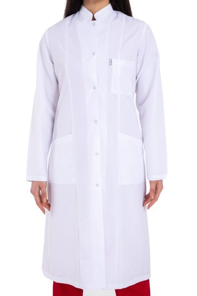 Tesettür Boy Bayan Beyaz Önlük Hakim Yaka 110 cm Bp-09 50-4XL Özel Sipariş
