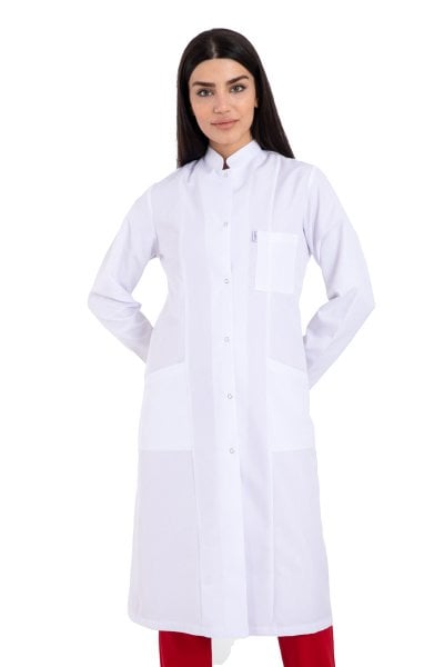 Tesettür Boy Bayan Beyaz Önlük Hakim Yaka 110 cm Bp-09 38-S