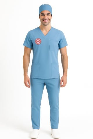 LABOR | Erkek Hekim Kurumsal Scrubs - SAĞLIK BAKANLIĞI Yönetmeliğine Uyumlu Alaskan Mavi - Elastik Kumaş