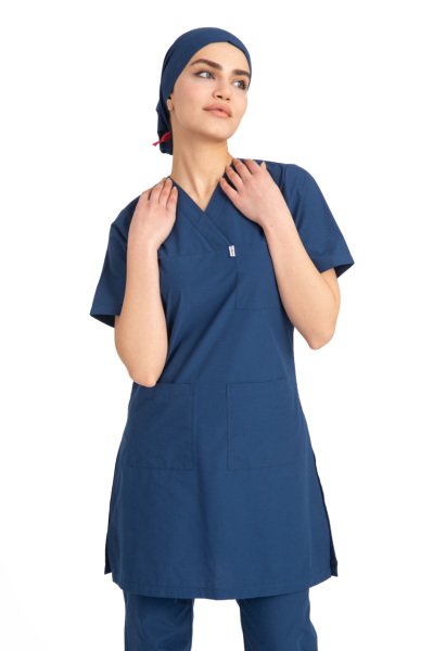 Tesettür hemşire forması terikoton kumaş tst-04 48/3XL Özel Sipariş - İndigo(Petrol Mavi)