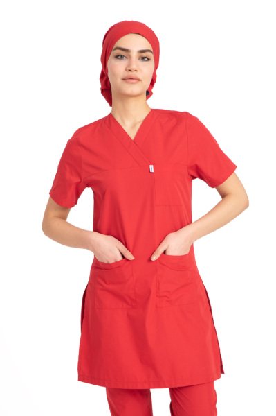 Tesettür hemşire forması terikoton kumaş tst-04 56/7XL Özel Sipariş - Kırmızı