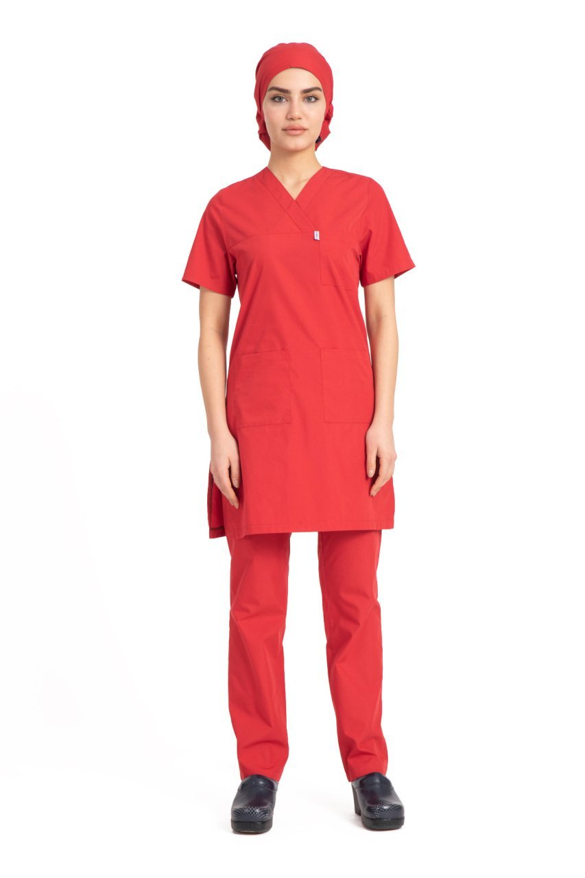 Tesettür hemşire forması terikoton kumaş tst-04 56/7XL Özel Sipariş - Kırmızı