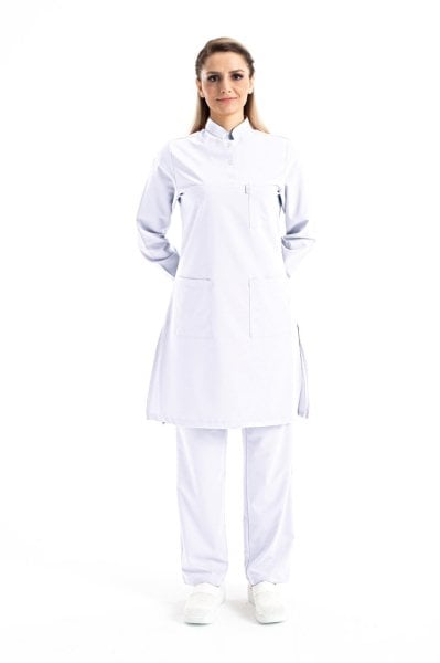 Tesettür Hemşire Forması Hakim Yaka Beyaz Alpaka Kumaş