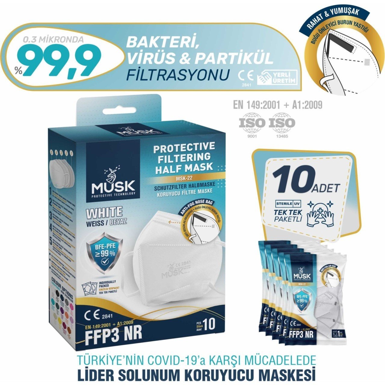 Cerrahi maske 1 kutu 10 adettir Musk FFP3 99 filtreleme beyaz renk