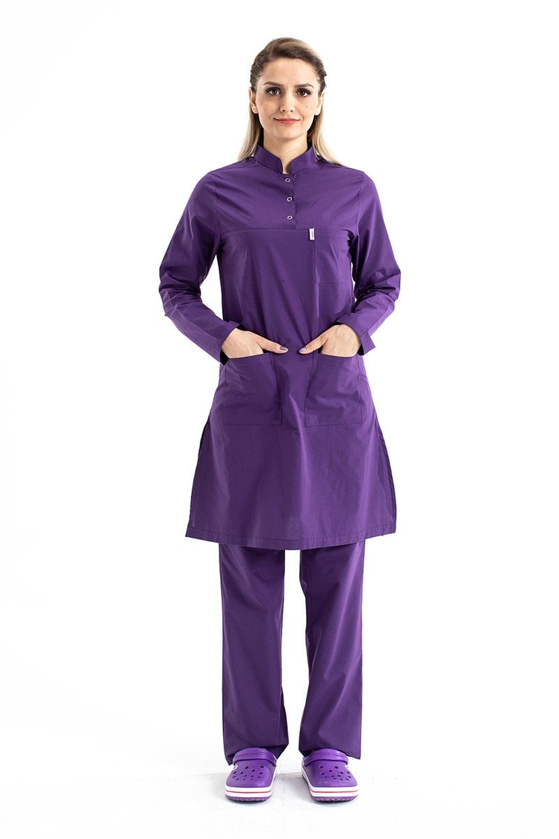 Tesettür Hemşire Forması Tek Üst Hakim Yaka Model Terikoton Kumaş Tst-03 54/6XL Özel Sipariş - Mor