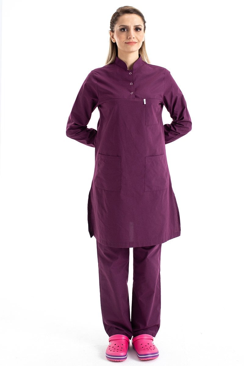Tesettür Hemşire Forması Tek Üst Hakim Yaka Model Terikoton Kumaş Tst-03 54/6XL Özel Sipariş - Mürdüm