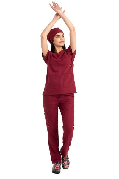 Dr. Elastik cerrahi forma likralı pamuklu kadın bordo