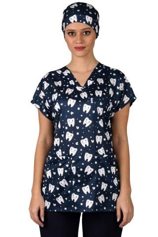 Cerrahi Forma Üst Lacivert Diş Desenli İnce Kumaş-Kadın