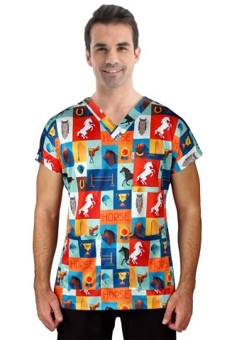 Cerrahi Üst Forma Erkek | Şampiyon Atlar Desenli | Veteriner Hekim | LABOR Dry Touch Kumaş
