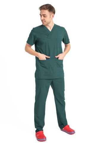 V Cerrahi Yaka Takım Terikoton Kumaş Erkek Haki Yeşil