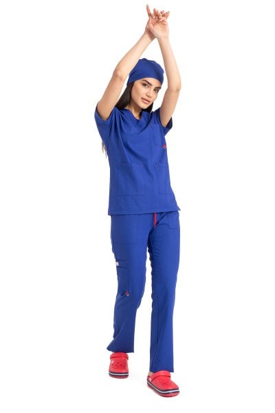 Dr. Elastik Likralı Kadın Cerrahi Scrubs Saks Mavisi