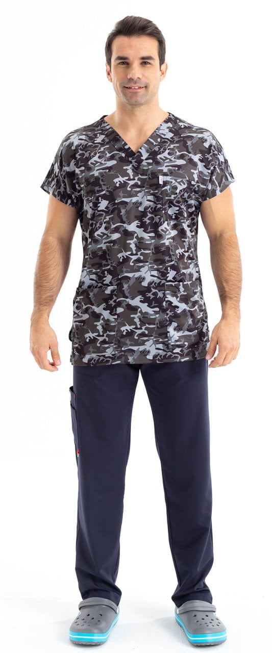 Koyu Renk Kamuflaj Desenli Erkek Cerrahi Forma Üst Yarasa Kol No:24