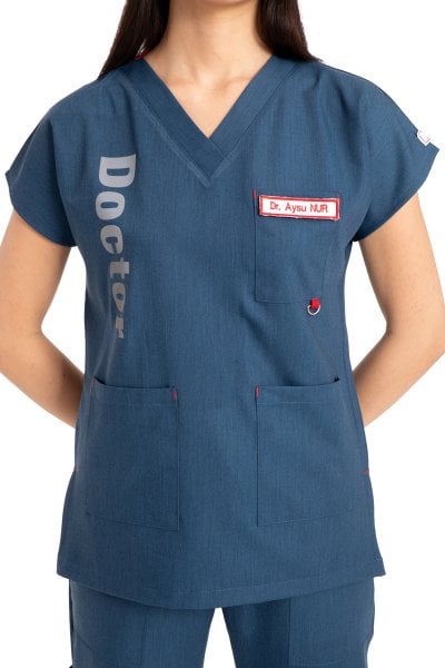 Özel Tasarım Doktor Forması Kot Kumaş Kadın Doktor Yazılı