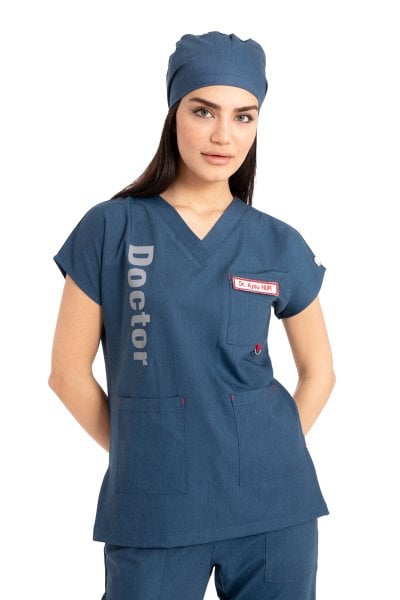 Özel Tasarım Doktor Forması Kot Kumaş Kadın Doktor Yazılı