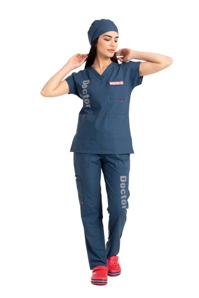 Özel Tasarım Doktor Forması Kot Kumaş Kadın Doktor Yazılı