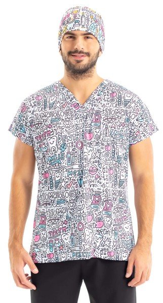 Beyaz Diş Desenli Erkek Cerrahi Forma Üst Yarasa Kol