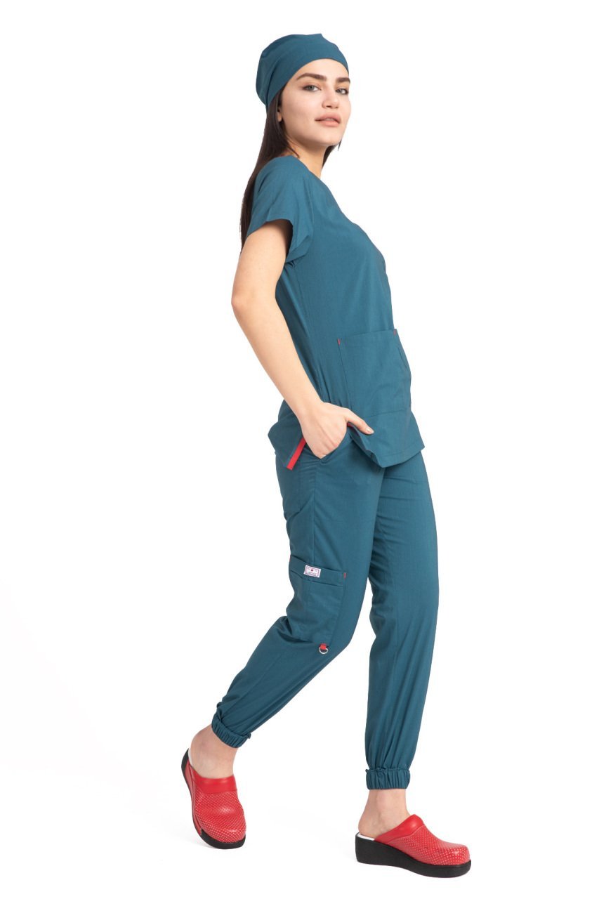 Dr Jogger Scrubs Likralı Koton Kumaş Kadın Petrol Yeşili