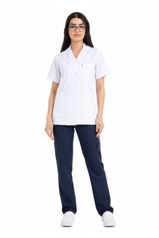 Hemşire Forması Takımı | Alpaka Kumaş | Beyaz Üst | Lacivert Alt | Ceket Yaka | Boru Paça Pantolon | BHE01