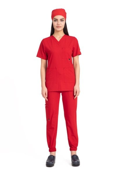 Dr Jogger Scrubs Likralı Koton Kumaş Kadın Kırmızı