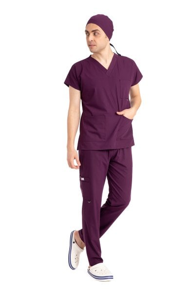Dr Elastik Scrubs Likralı Pamuklu Erkek Mürdüm