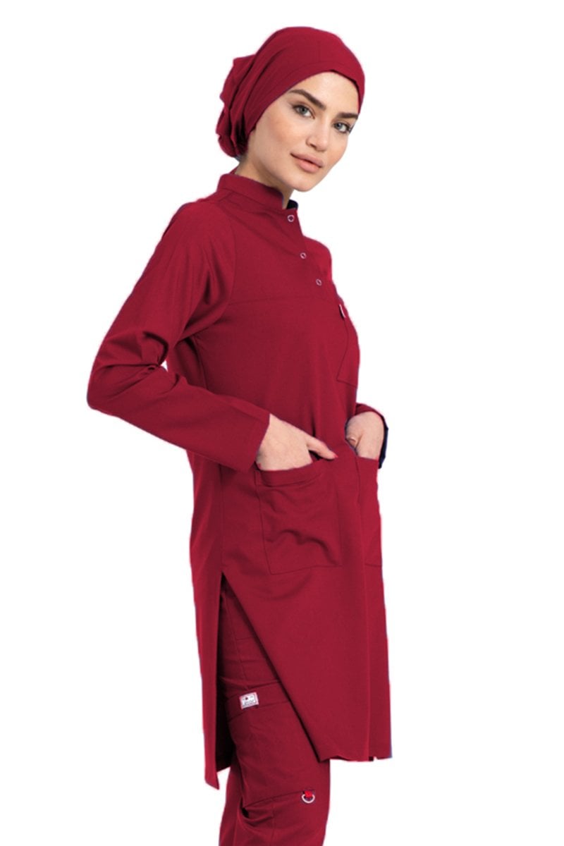 Labor Tesettür Scrubs Forma TST-03 | Elastik Likralı Pamuklu | Doktor & Hemşire 54/6XL Özel Sipariş - Bordo